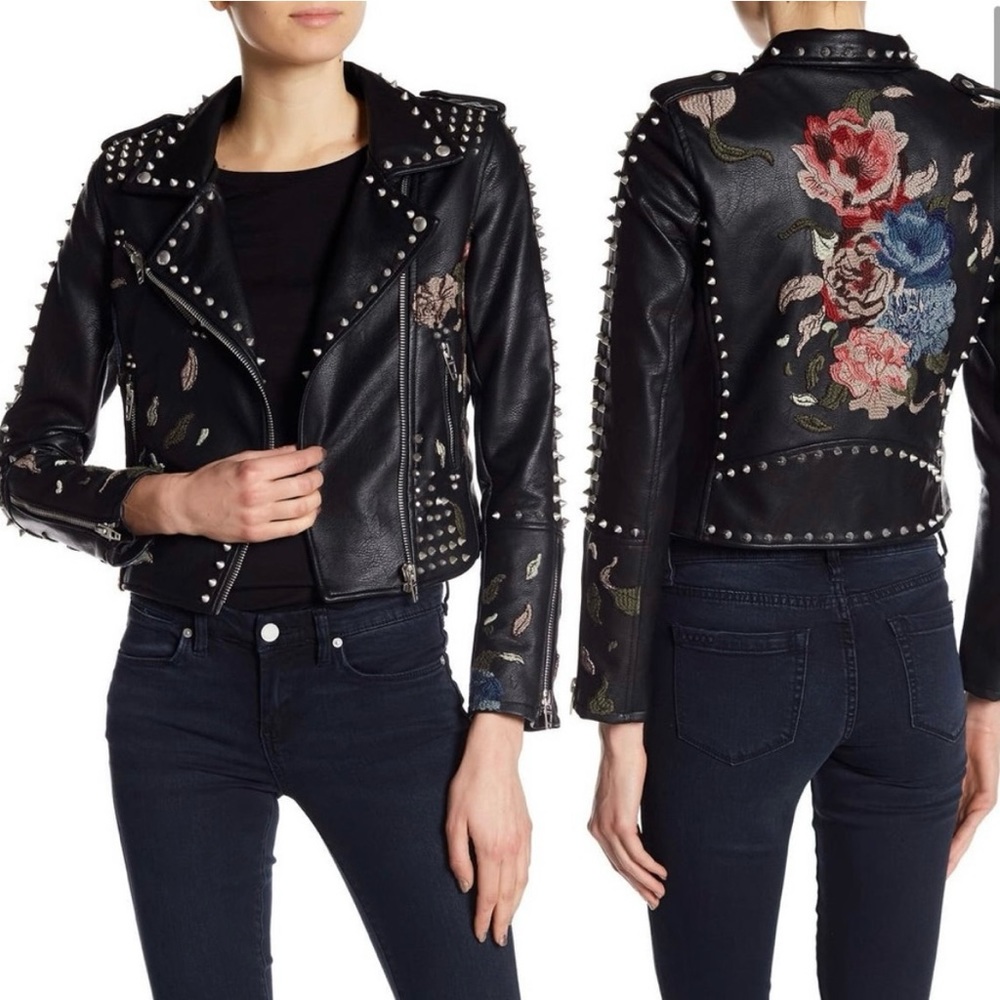 BLANKNYC Studded and Embroidered Faux Leather Moto Jacket | Size L